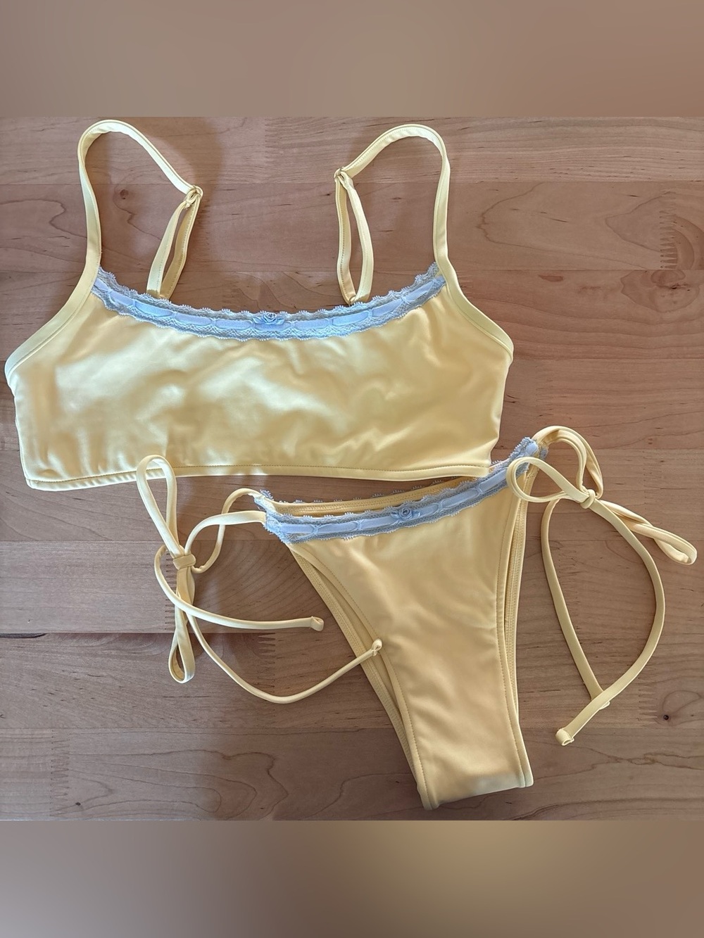 Pink by Frankies Bikinis butter yellow and blue lace bikini set